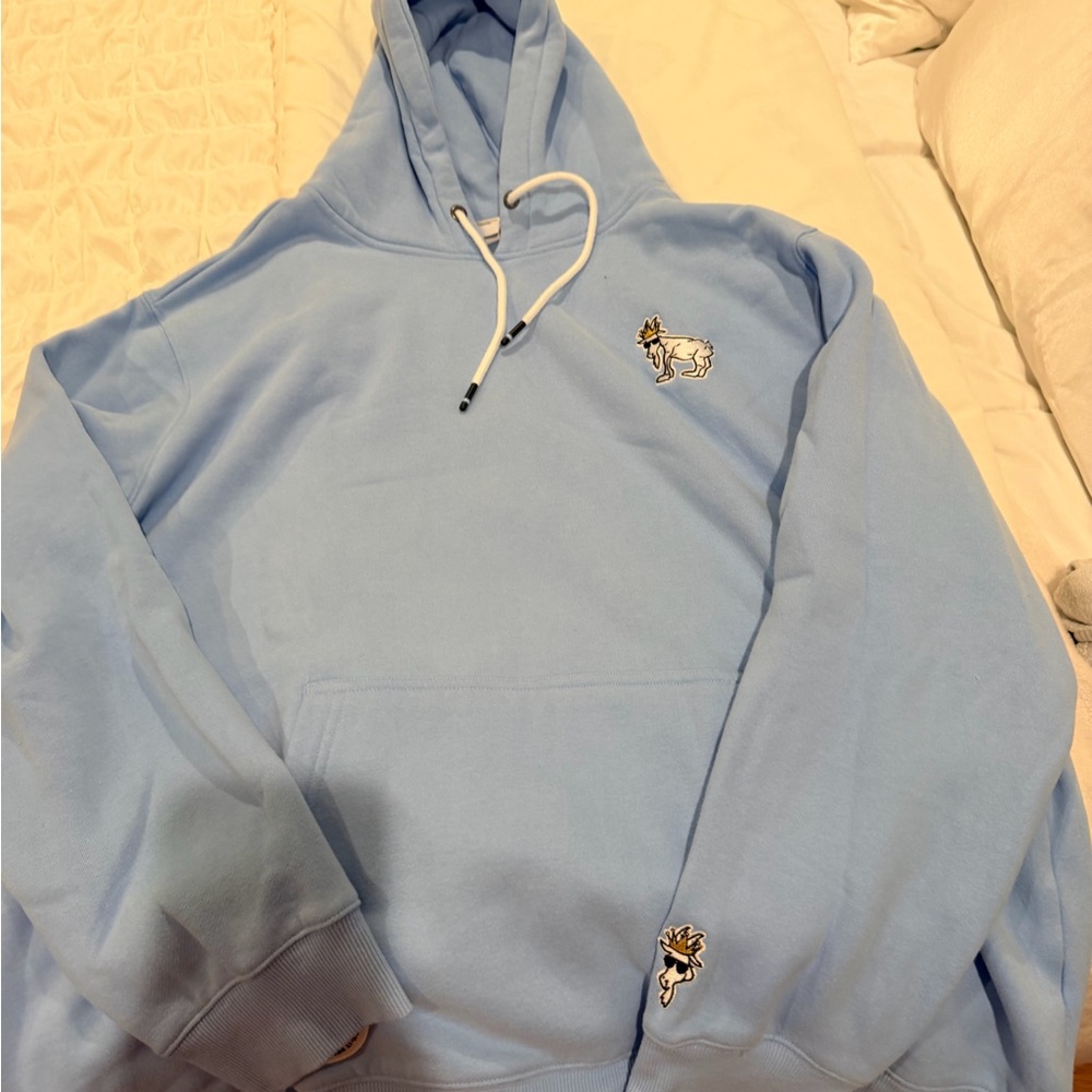 Light Blue Men's Pullover Hoodie with Embroidered Motifs